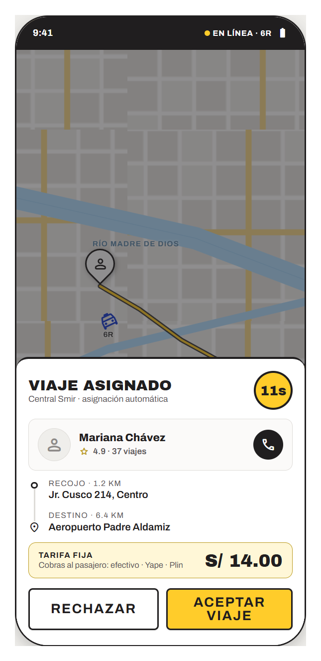 Pantalla de viaje asignado en la app de conductor